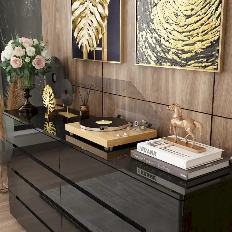 Commode haute brillance 63 po avec 8 tiroirs lumineux et plateau spacieux