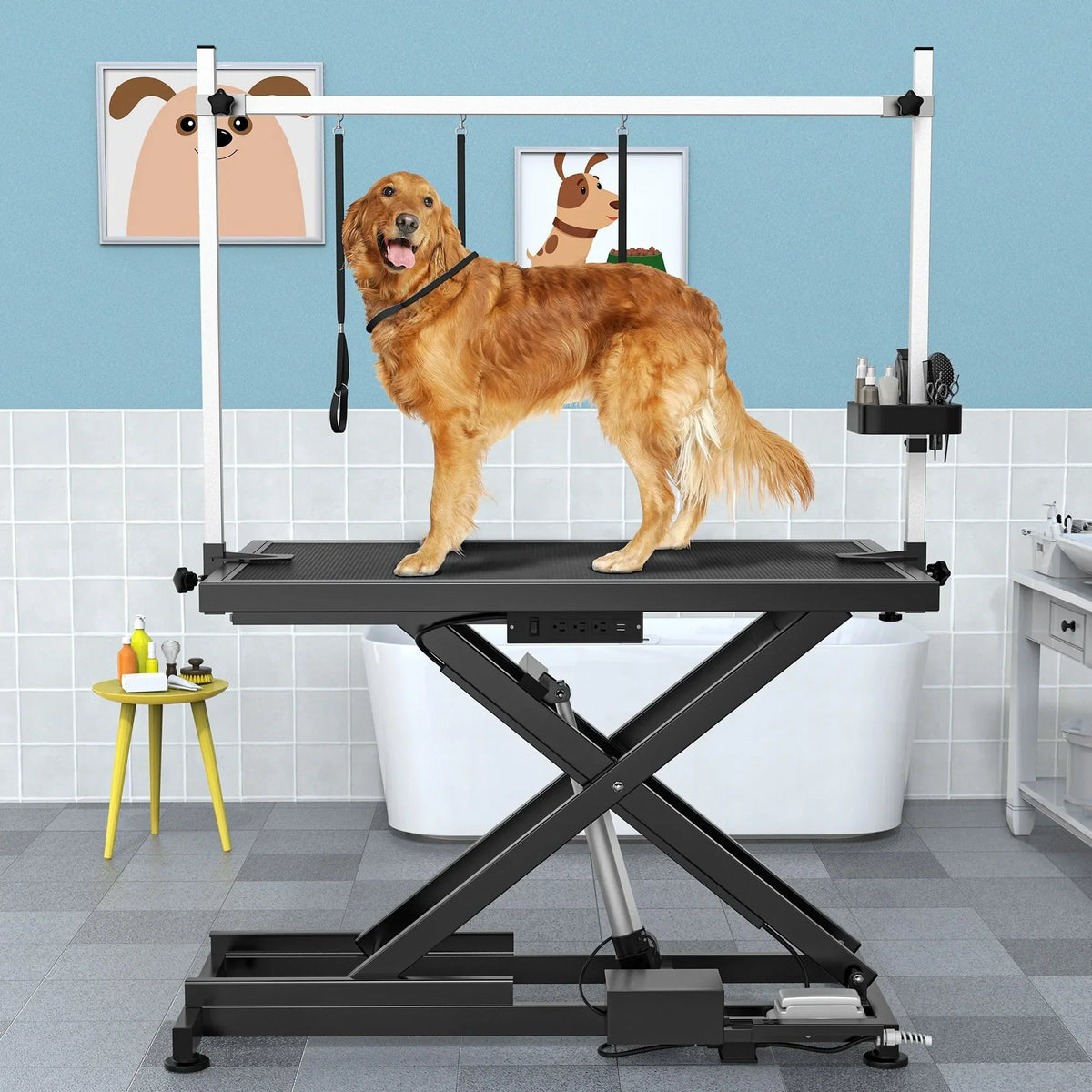 Table de toilettage professionnelle électrique pour grands chiens - Table de toilettage robuste pour animaux de compagnie avec bras de toilettage en aluminium - 50W
