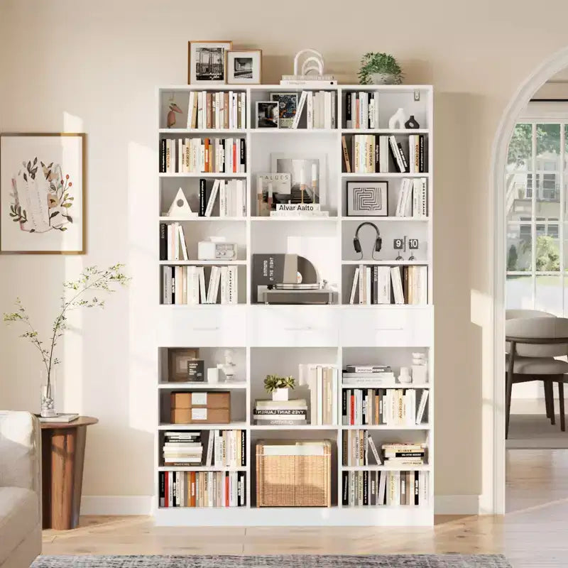 Bibliothèque 9 niveaux noir/blanc avec 3 tiroirs, étagères réglables