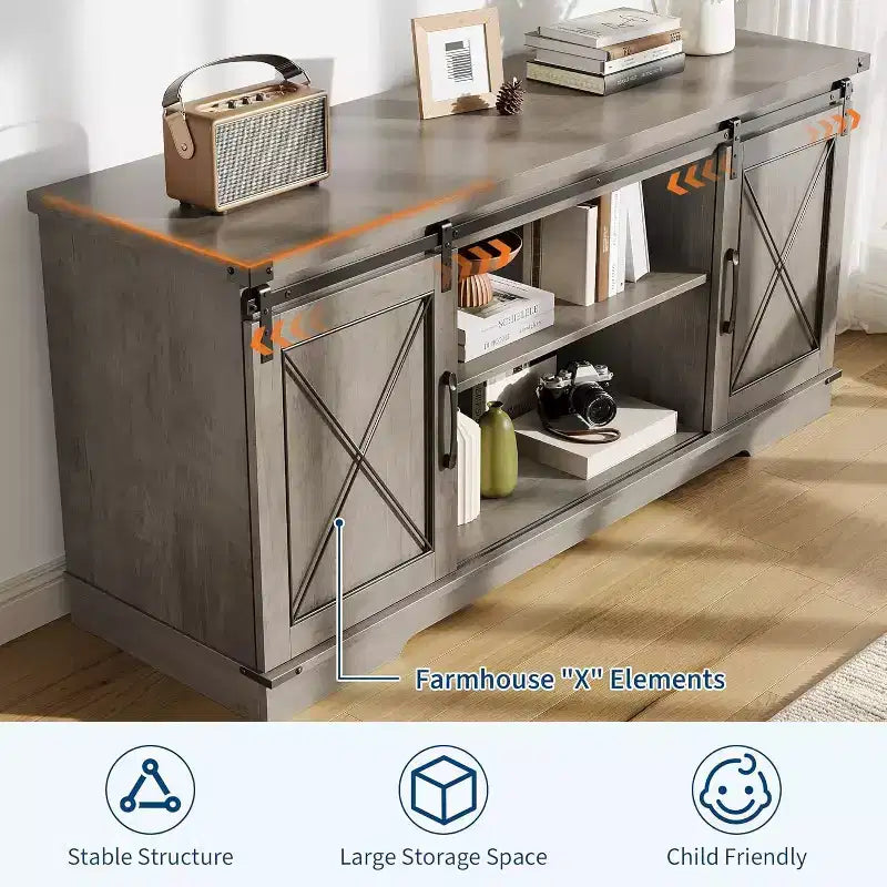 Meuble TV de style ferme pour téléviseurs jusqu'à 65 pouces, meuble de divertissement avec portes coulissantes de grange et armoires de rangement, console multimédia pour salon, chambre à coucher