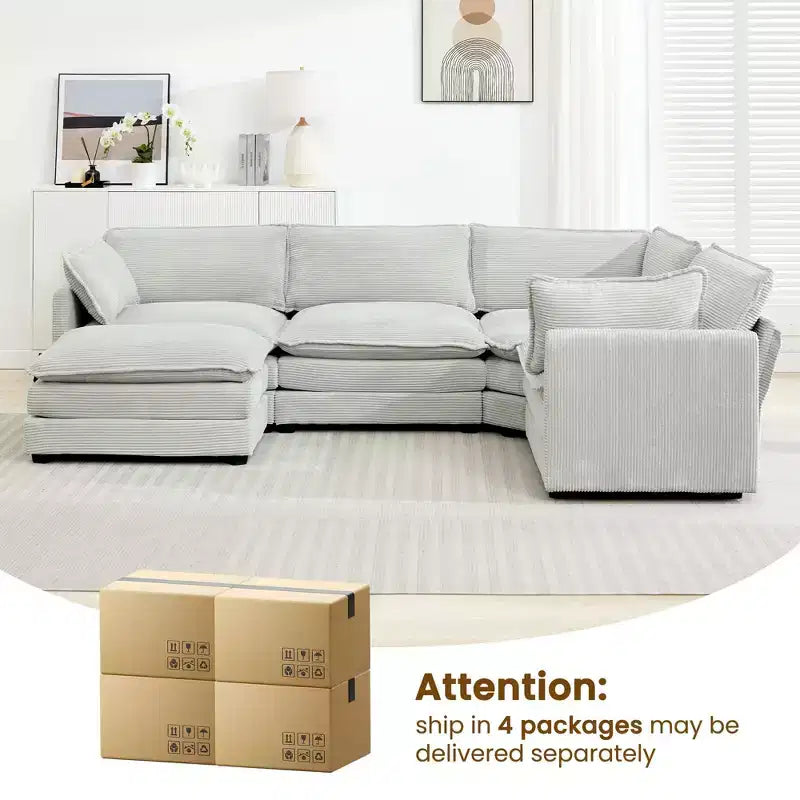 Canapé sectionnel modulaire moderne 5 places en velours côtelé, surdimensionné, 288 cm (L) x 201 cm (l), avec pouf, canapé en forme de U avec canapé d'angle, HYLEORY