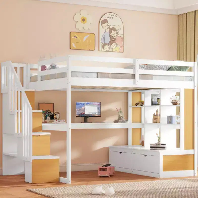 Lit mezzanine pleine grandeur avec escalier et bureau, cadre de lits mezzanine en bois avec tiroirs de rangement et étagères pour adultes, adolescents et enfants