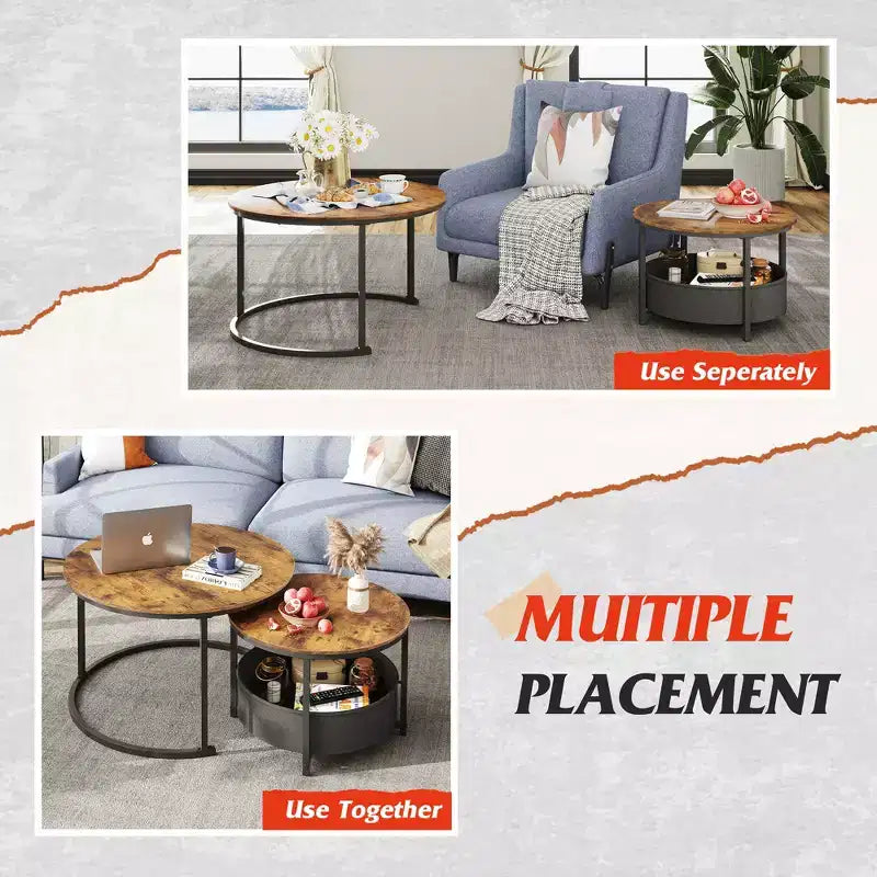 GALAXHERO Lot de 2 tables basses rondes gigognes - Tables d'appoint de 80 cm avec rangement et cadre métallique pour salon/appartement