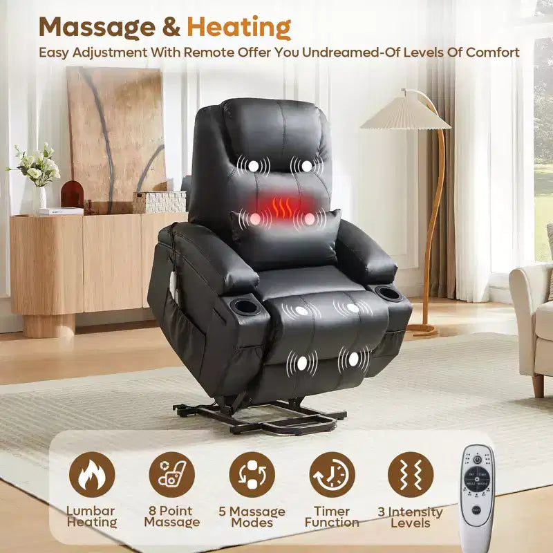 Fauteuil inclinable électrique avec assistance au levage Bestier 34,6 po avec massage et chaleur, fauteuil inclinable en similicuir avec poches latérales et porte-gobelets