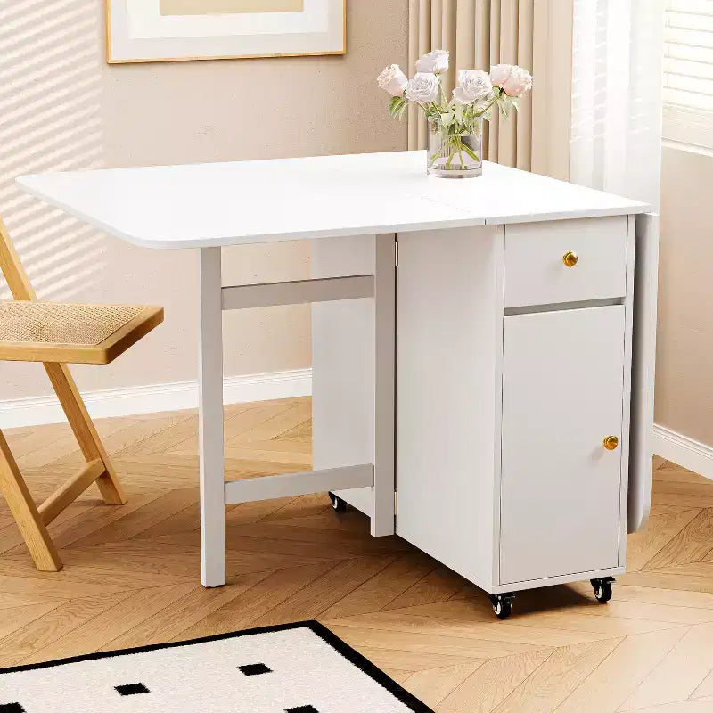 Table de salle à manger pliable ATJafurn 59 avec rabats pour petits espaces, table de cuisine rectangulaire en bois extensible avec roulettes et rangement