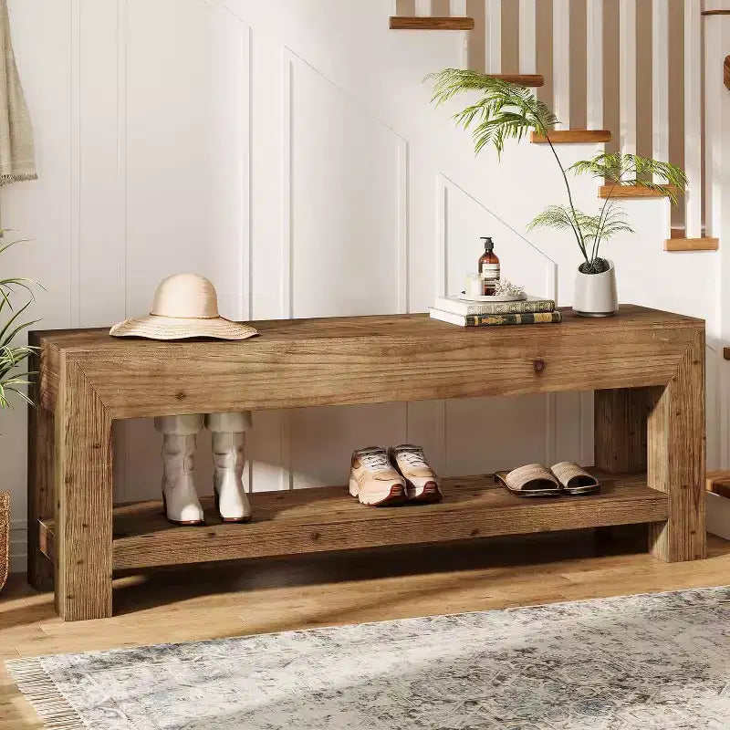 Banc d'entrée en bois massif de 47,24 po avec étagères ouvertes, brun rustique