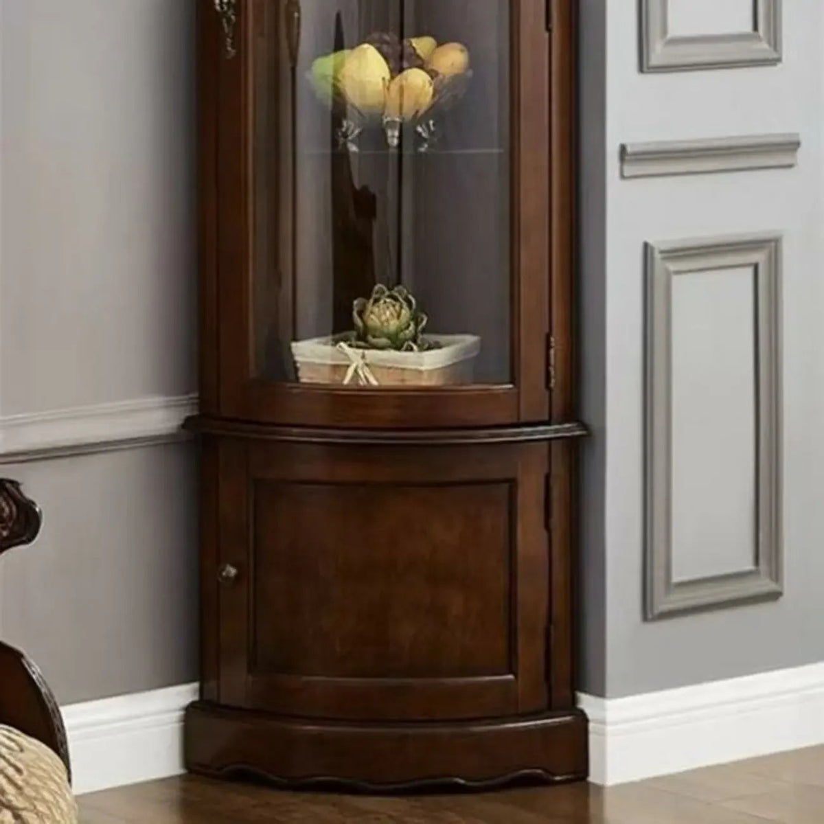 Meuble d'angle classique en bois d'hévéa marron avec porte vitrée