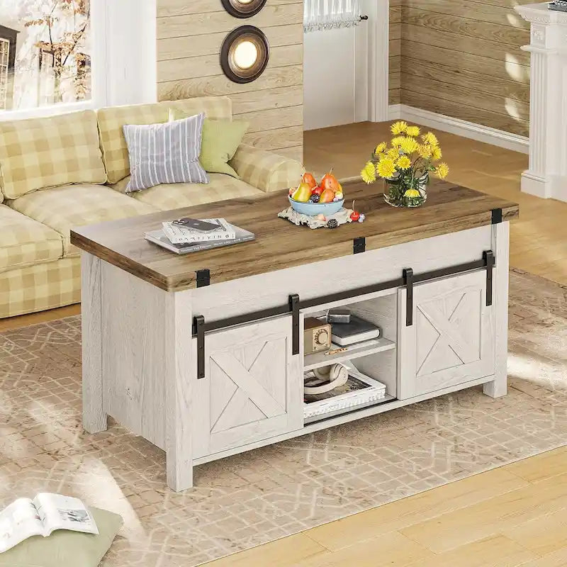 Table basse relevable 2 portes coulissantes style grange Table à manger avec rangement
