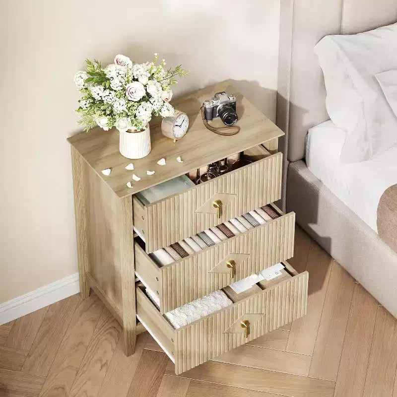 2 tables de chevet cannelées en bois, commode à 3 tiroirs de 69,85 cm de large, tables de nuit modernes, commode de chambre à coucher, salon