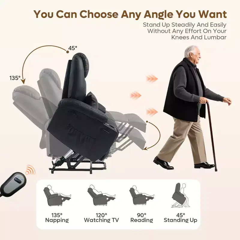 Fauteuil inclinable électrique avec assistance au levage Bestier 34,6 po avec massage et chaleur, fauteuil inclinable en similicuir avec poches latérales et porte-gobelets