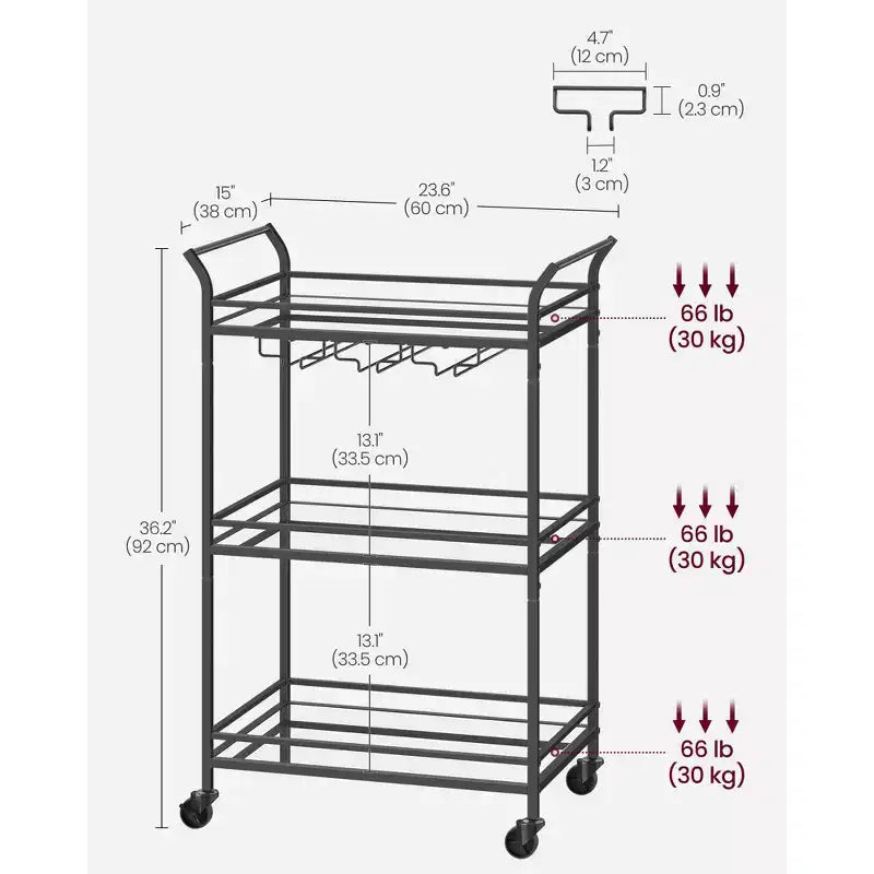 Chariot de bar, Desserte de bar à domicile, Petit chariot de bar avec étagère à 3 niveaux, Range-bouteilles, Porte-verres, Chariot de bar, 38 x 60 x 92 cm