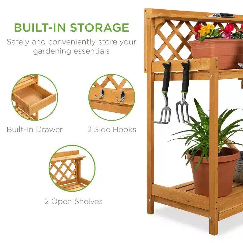 Table de rempotage de jardin en bois pour extérieur Best Choice Products, établi avec tiroir et étagère ouverte