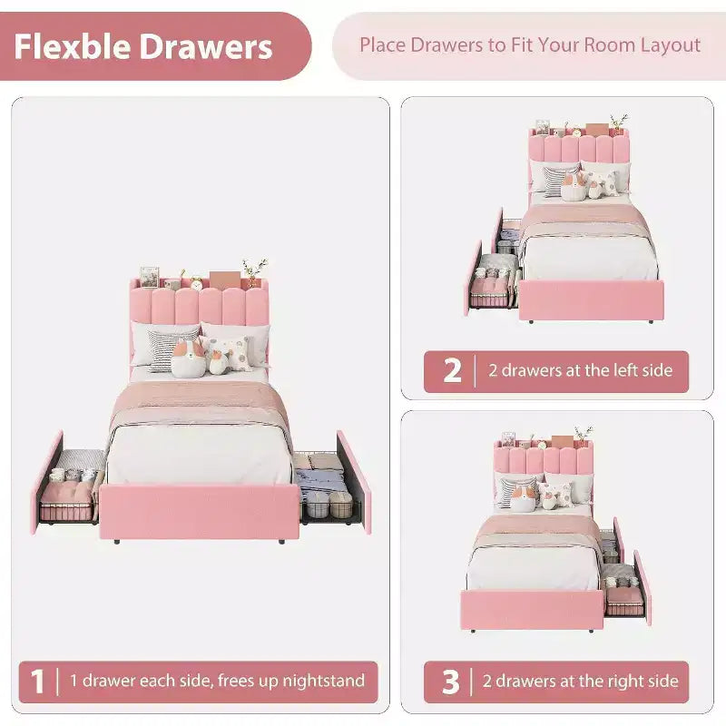 Cadre de lit avec tête de lit de rangement, cadre de lit pour enfant avec 2 tiroirs, lit plateforme capitonné en tissu, tête de lit profilée avec bibliothèque