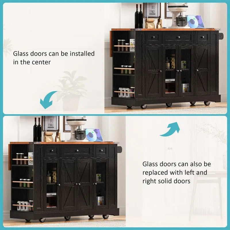 Îlot de cuisine avec rabat, 3 tiroirs et 5 étagères latérales ouvertes, desserte de cuisine roulante avec 2 portes d'armoire en verre trempé et prise de courant