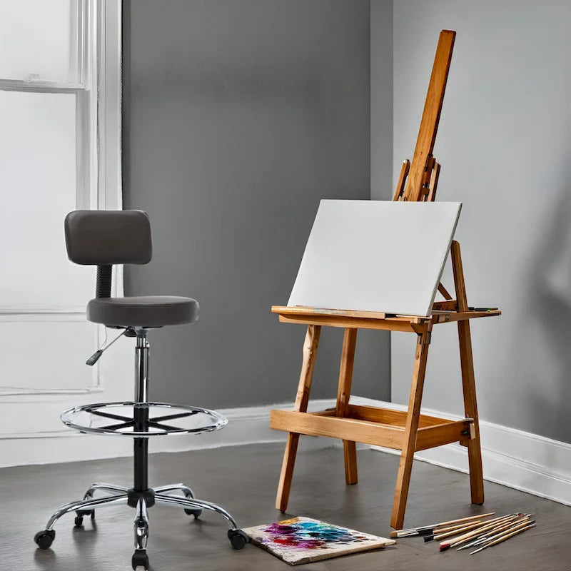 Tabouret de dessinateur réglable en hauteur - Avec cuir de qualité supérieure, roulettes pivotantes