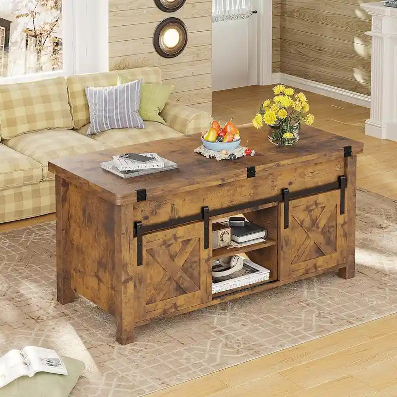 Table basse relevable 2 portes coulissantes style grange Table à manger avec rangement