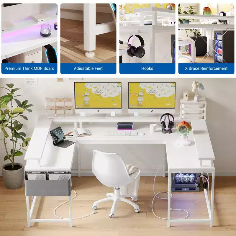 COZONY Bureau de jeu en forme de U/L 78", bureau d'ordinateur réversible avec prises de courant, lumières LED, support de moniteur et étagère de rangement, bureau d'angle pour le bureau à domicile