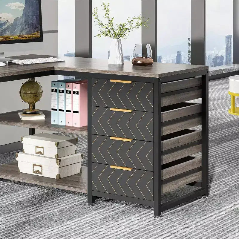 Bureau d'angle en L réversible de 59 po avec tiroirs de rangement, gris