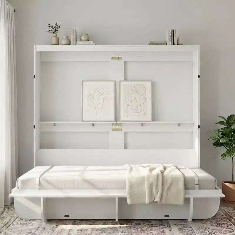 Lit escamotable 2-en-1 invisible Murphy avec étagères de rangement, Grand lit (Queen), Bois naturel (Matelas non inclus)