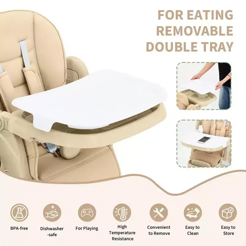 Chaise haute pliable pour bébés et tout-petits, chaise haute en cuir PU avec dossier réglable, hauteur d'assise, plateau amovible, harnais de sécurité 5 points et roues verrouillables