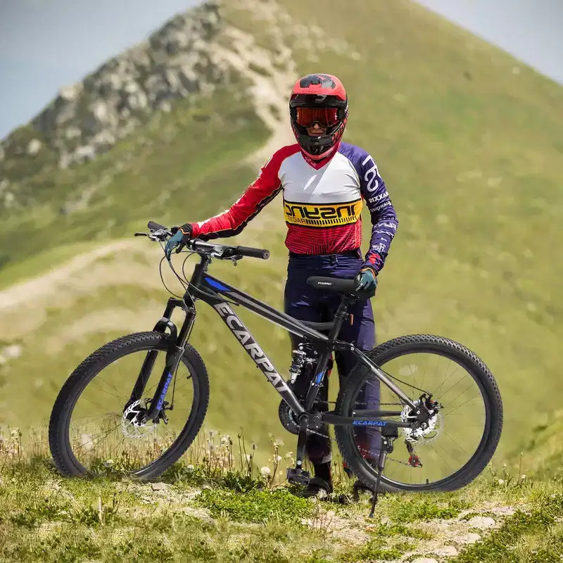 VTT Okak 24 pouces en acier au carbone avec suspension intégrale, vélo homme avec leviers de vitesses 21 vitesses et freins à disque, vélo pour enfants et adultes
