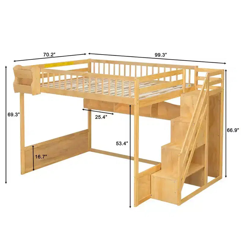 Lit mezzanine double avec escalier, armoire et étagères de rangement – MDF, 295 kg