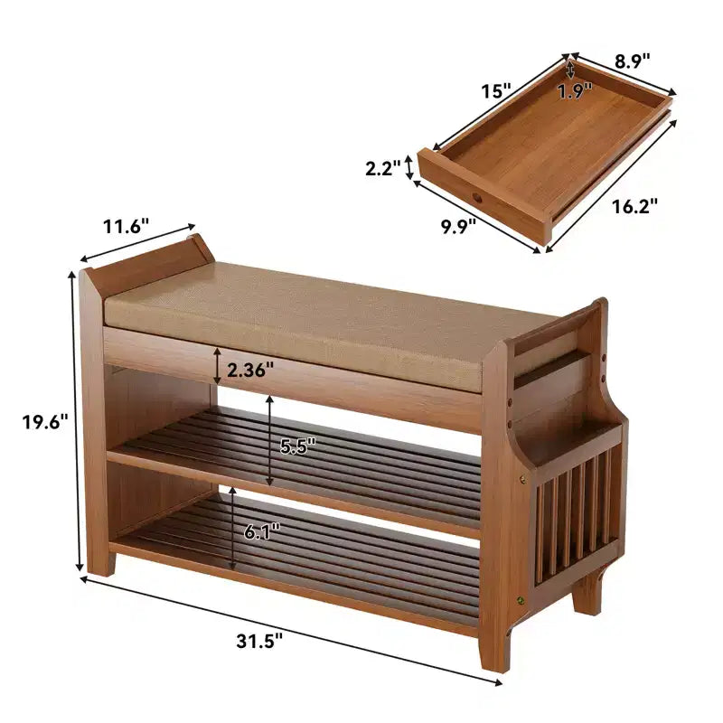 Banc à chaussures en bambou ELECWISH 31,5 avec rangement - Étagère à chaussures à 2 niveaux, tiroir caché et organisateur latéral, marron