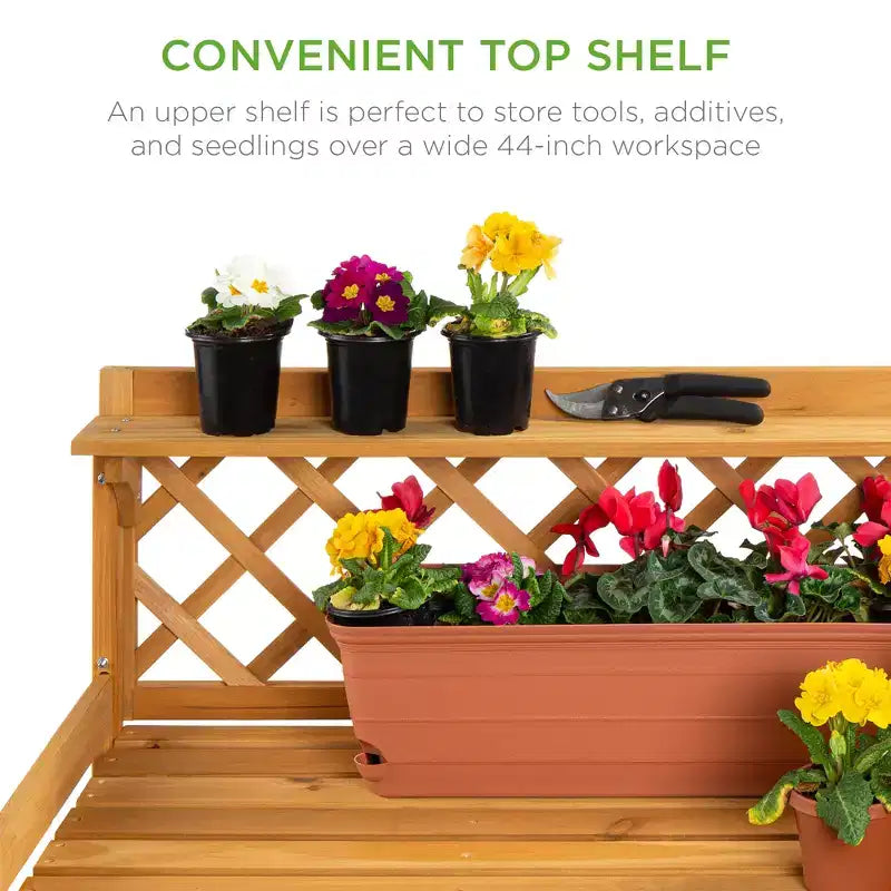 Table de rempotage de jardin en bois pour extérieur Best Choice Products, établi avec tiroir et étagère ouverte