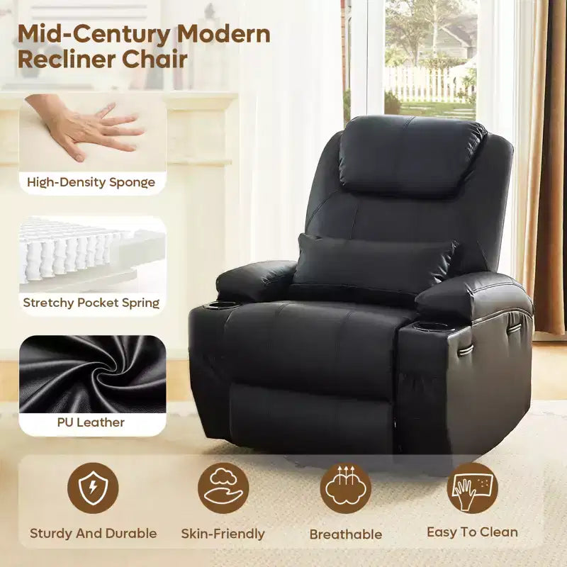 Fauteuil inclinable électrique avec assistance au levage Bestier 34,6 po avec massage et chaleur, fauteuil inclinable en similicuir avec poches latérales et porte-gobelets