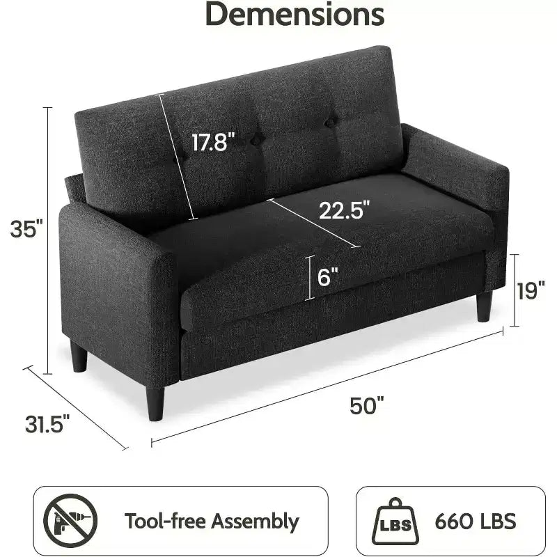Dyonery 50, canapé Loveseat, 2 places pour bureau et petits espaces, assise profonde de 61 cm, cadre en bois massif certifié FSC, assemblage sans outils