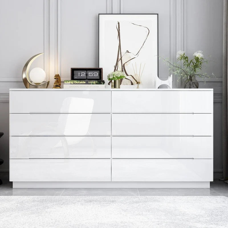 Commode haute brillance 63 po avec 8 tiroirs lumineux et plateau spacieux