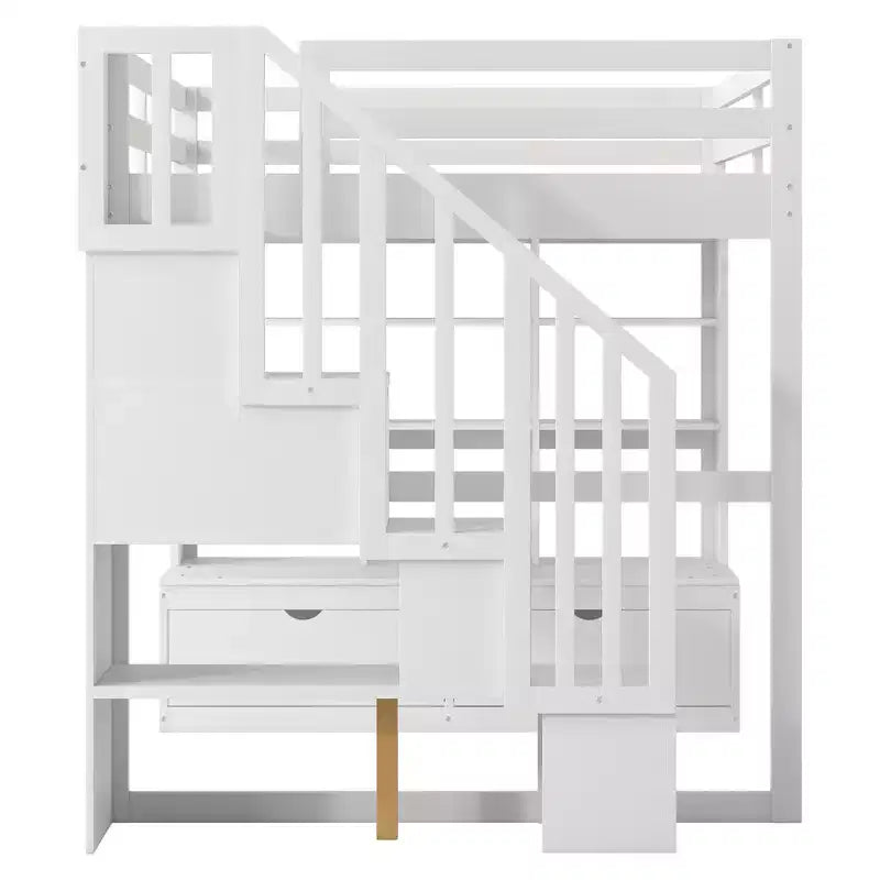 Lit mezzanine pleine grandeur avec escalier et bureau, cadre de lits mezzanine en bois avec tiroirs de rangement et étagères pour adultes, adolescents et enfants