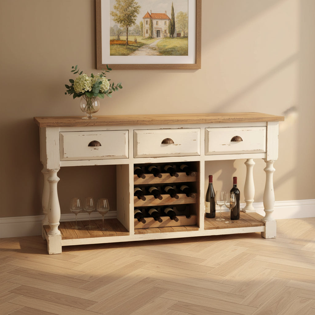 Console de Ferme Range-Bouteilles avec Finition Blanc Craie et Plateau Naturel