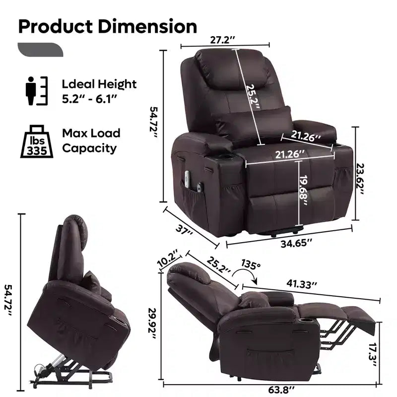 Fauteuil inclinable électrique avec assistance au levage Bestier 34,6 po avec massage et chaleur, fauteuil inclinable en similicuir avec poches latérales et porte-gobelets