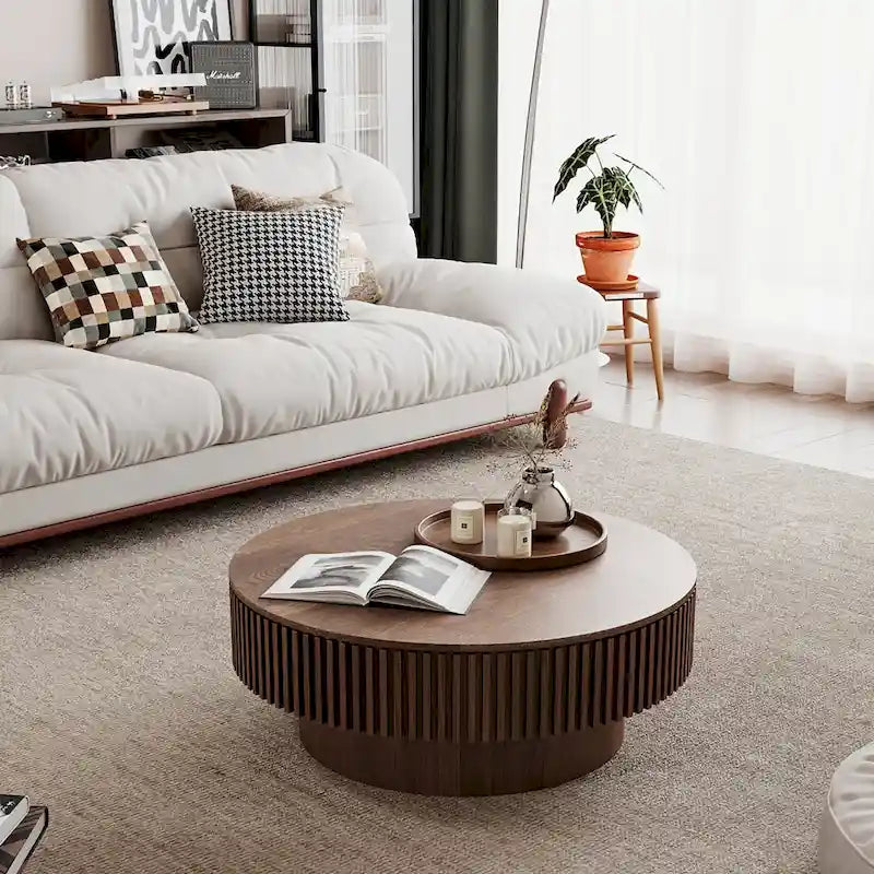 Table basse/de salon ronde moderne plaquée en bois massif avec rangement