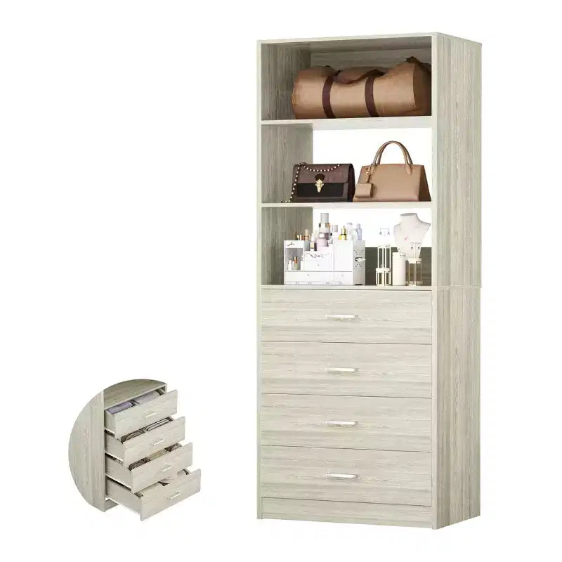 Système de rangement de placard avec tiroirs et étagères en bois