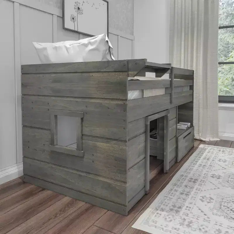 Lit mezzanine bas Max & Lily Modern Farmhouse avec tiroir de rangement, lit en bois massif pour enfants