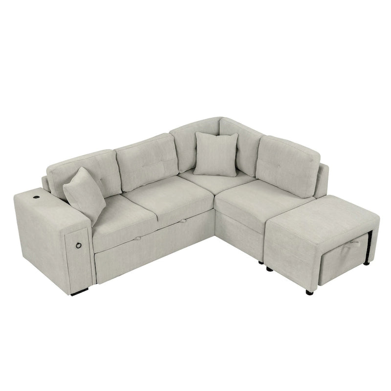 Canapé d'angle 4 places avec lit gigogne, pouf, ports USB et tablette rabattable