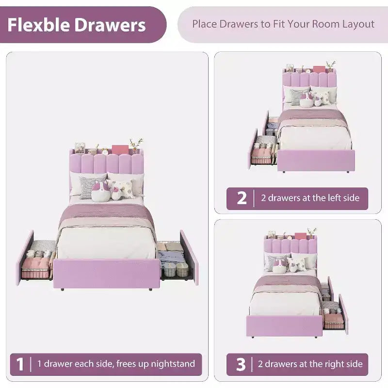 Cadre de lit avec tête de lit de rangement, cadre de lit pour enfant avec 2 tiroirs, lit plateforme capitonné en tissu, tête de lit profilée avec bibliothèque
