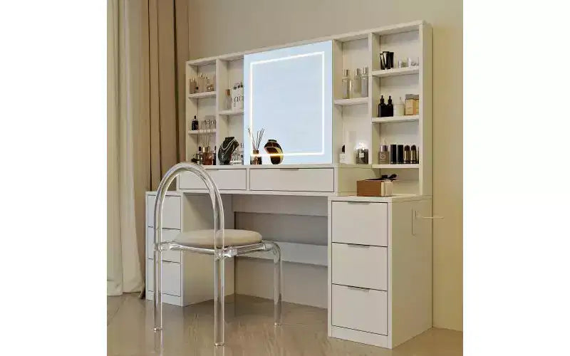 Coiffeuse de 59 pouces avec miroir lumineux, 8 tiroirs, étagères ouvertes pour chambre de fille, éclairage réglable, design peu encombrant