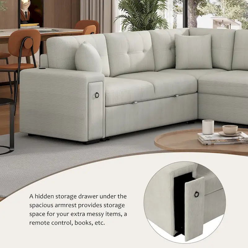 Canapé d'angle 4 places avec lit gigogne, pouf, ports USB et tablette rabattable