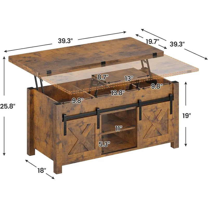 Table basse relevable 2 portes coulissantes style grange Table à manger avec rangement