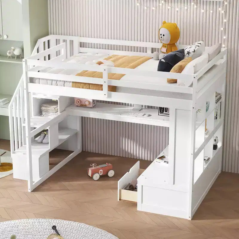 Lit mezzanine pleine grandeur avec escalier et bureau, cadre de lits mezzanine en bois avec tiroirs de rangement et étagères pour adultes, adolescents et enfants
