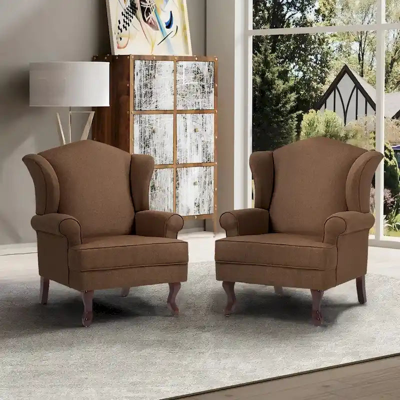 2 fauteuils d'appoint à dossier haut traditionnels, revêtus de tissu