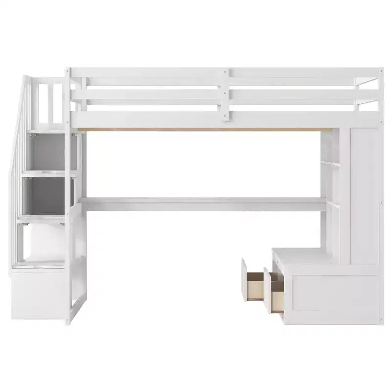 Lit mezzanine pleine grandeur avec escalier et bureau, cadre de lits mezzanine en bois avec tiroirs de rangement et étagères pour adultes, adolescents et enfants