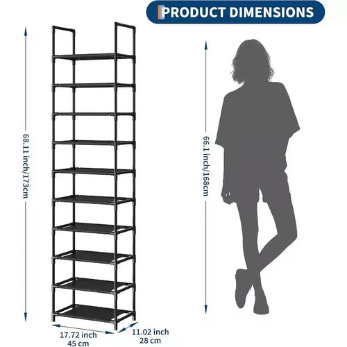 Étagère à chaussures robuste en métal à 10 niveaux avec étagères en tissu amovibles, organiseur d'angle haut et peu encombrant pour placard, entrée, salon