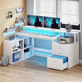 Bureau d'angle en L de 65 po avec DEL RVB, support pour moniteur et armoire de rangement – 1 personne | Blanc / Chêne / Gris anthracite / Noir