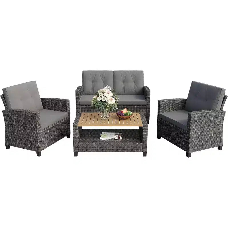 Heynemo Ensemble de mobilier de patio 4 pièces, salons de conversation de patio en osier tout temps avec table basse à 2 niveaux, canapé d'extérieur