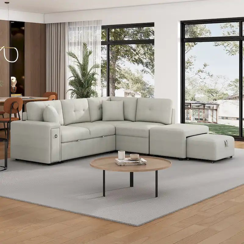 Canapé d'angle 4 places avec lit gigogne, pouf, ports USB et tablette rabattable
