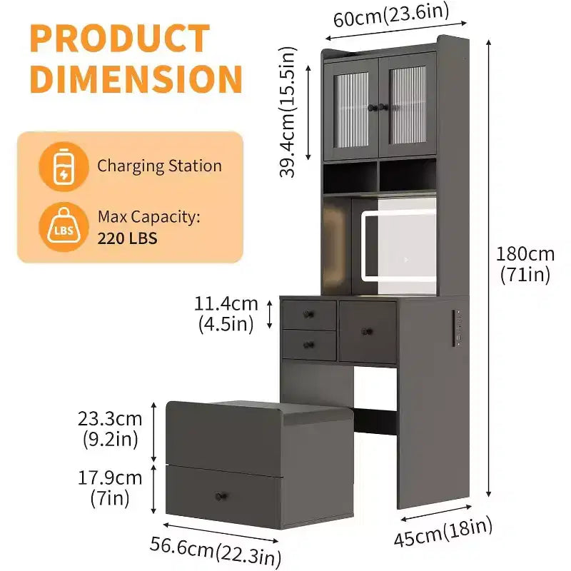 Coiffeuse 3-en-1 avec miroir lumineux, table de toilette compacte avec tiroirs, compartiment de rangement et tabouret roulant pour chambre à coucher